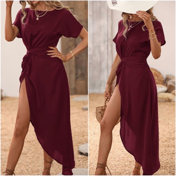 Boho Burgundy Twist Detail Split Leg Sexy Maxi Dress - Picture 4 of 7